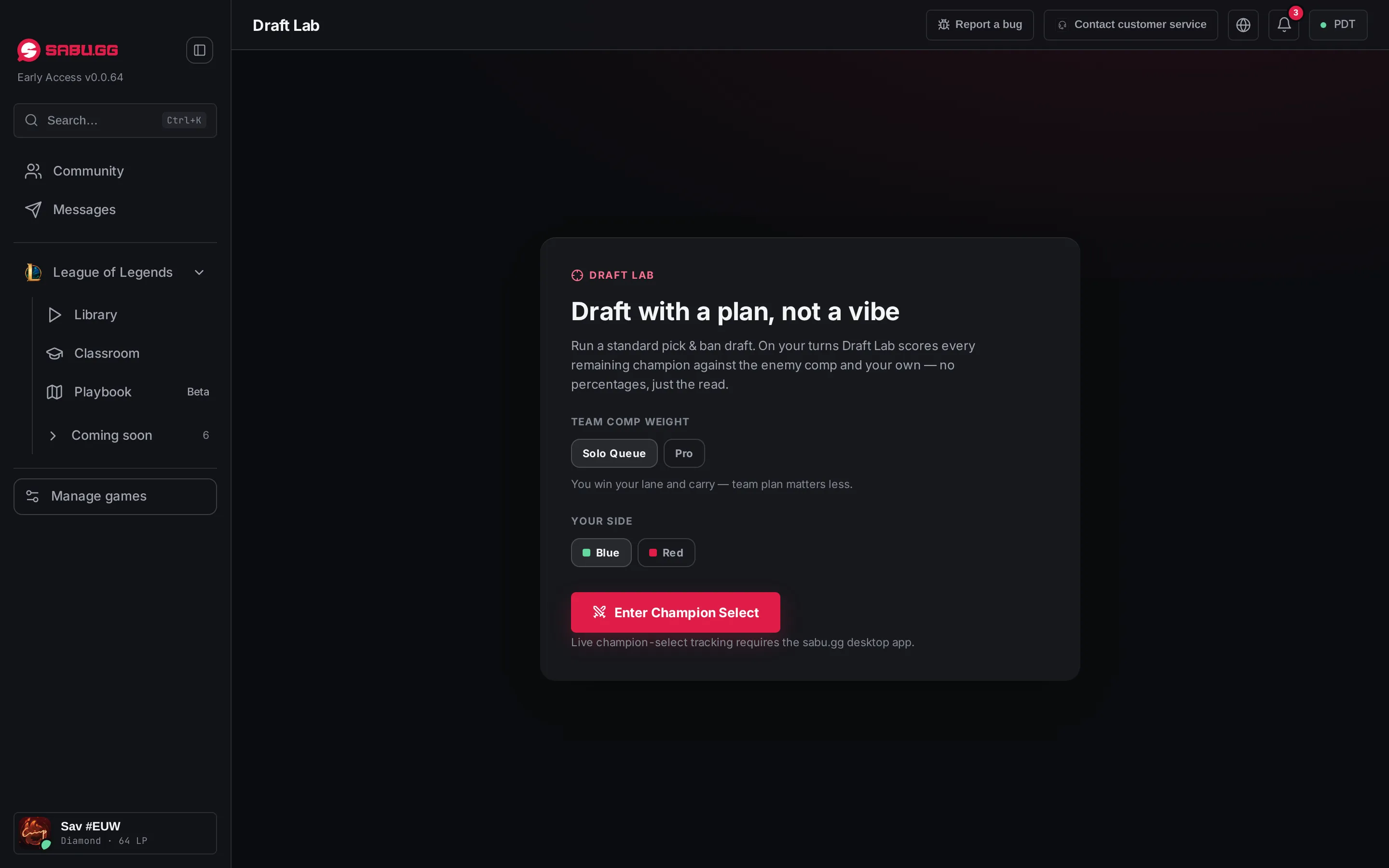 Draft Lab: Draft with a plan, not a vibe, with team comp and side options and an Enter Champion Select button.