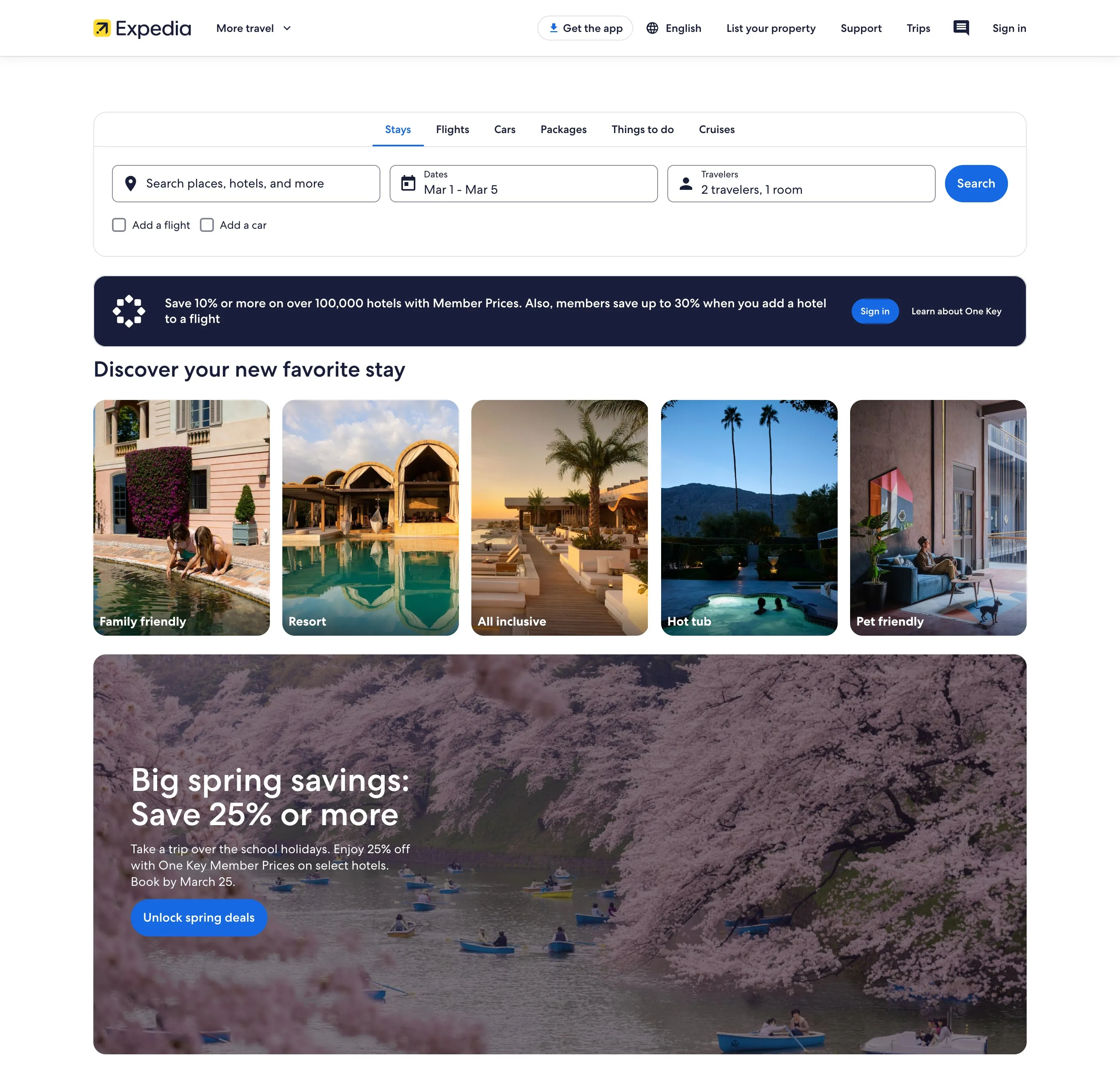 The earlier Expedia homepage on desktop: search for stays, flights, cars and packages, a One Key member banner, Discover your new favorite stay with five themed photos, and a spring sale hero.