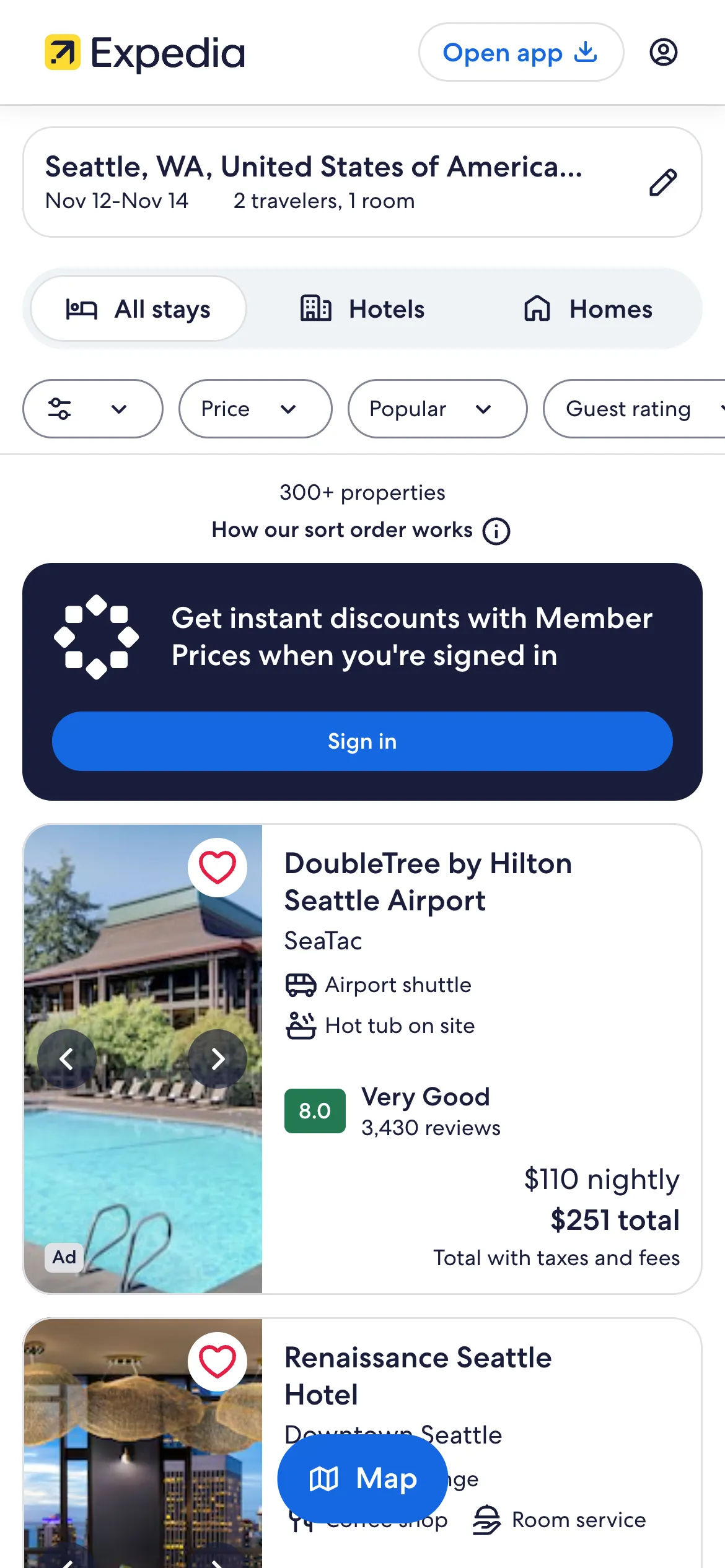 The same Seattle search results on mobile web: lodging cards stacked in a single column.